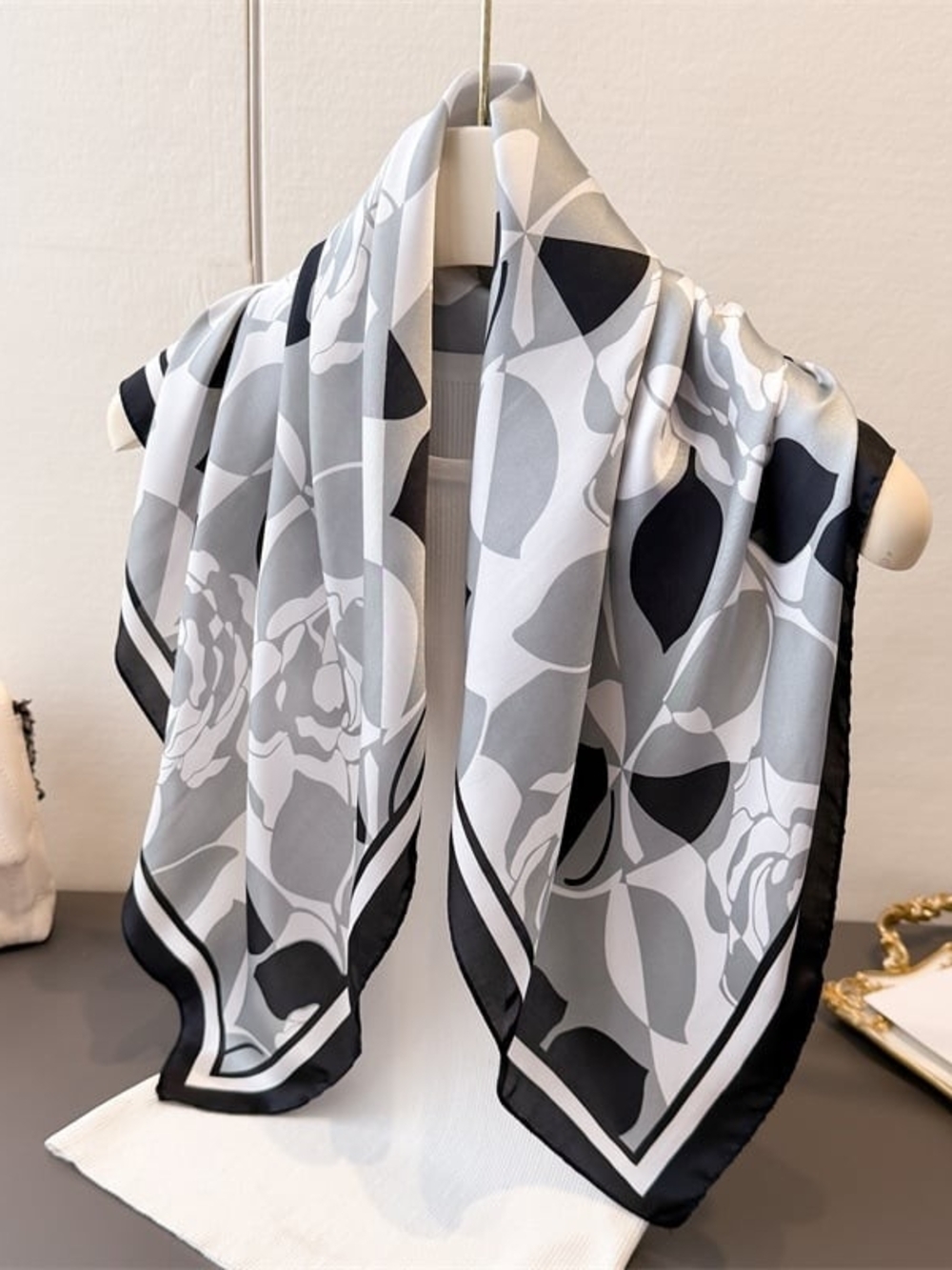 Silk-feel Floral Geometric Scarf in Black, Gray & White Head, Neck 70*70cm